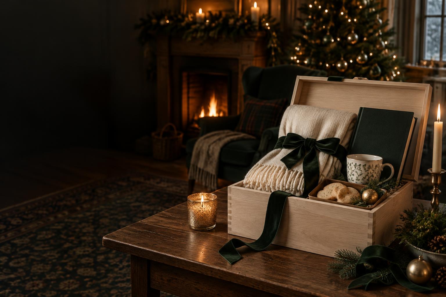 An illustrative adult gift box with a throw, book and mug