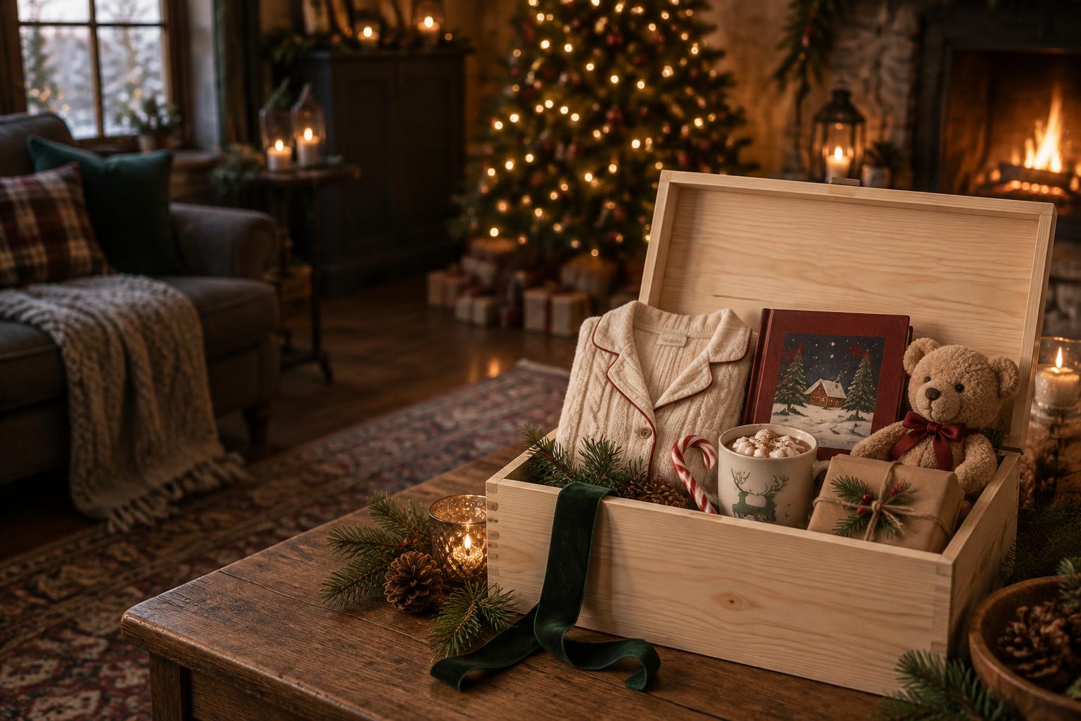A wooden Christmas Eve box filled with cosy pyjamas, a teddy, a storybook and hot chocolate