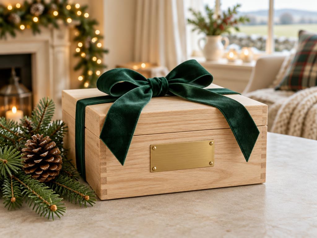 A wooden keepsake box tied with a green velvet ribbon